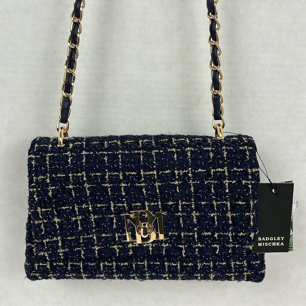 Badgley Mischka Purse Navy Blue Tweed Shoulder Bag Crossbody Gold Accents